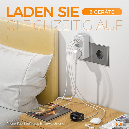 6 in 1 Mehrfachstecker für Steckdose C Doppelstecker mit USB erweiterbar auf 1