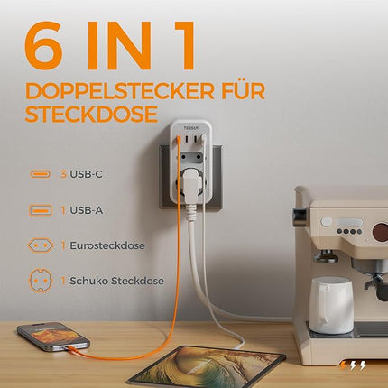 TESSAN 6in1 Doppelstecker 3600W mit 3 USB C & 1 USB A Schnellladen