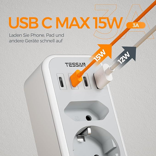 TESSAN 6in1 Doppelstecker 3600W mit 3 USB C & 1 USB A Schnellladen